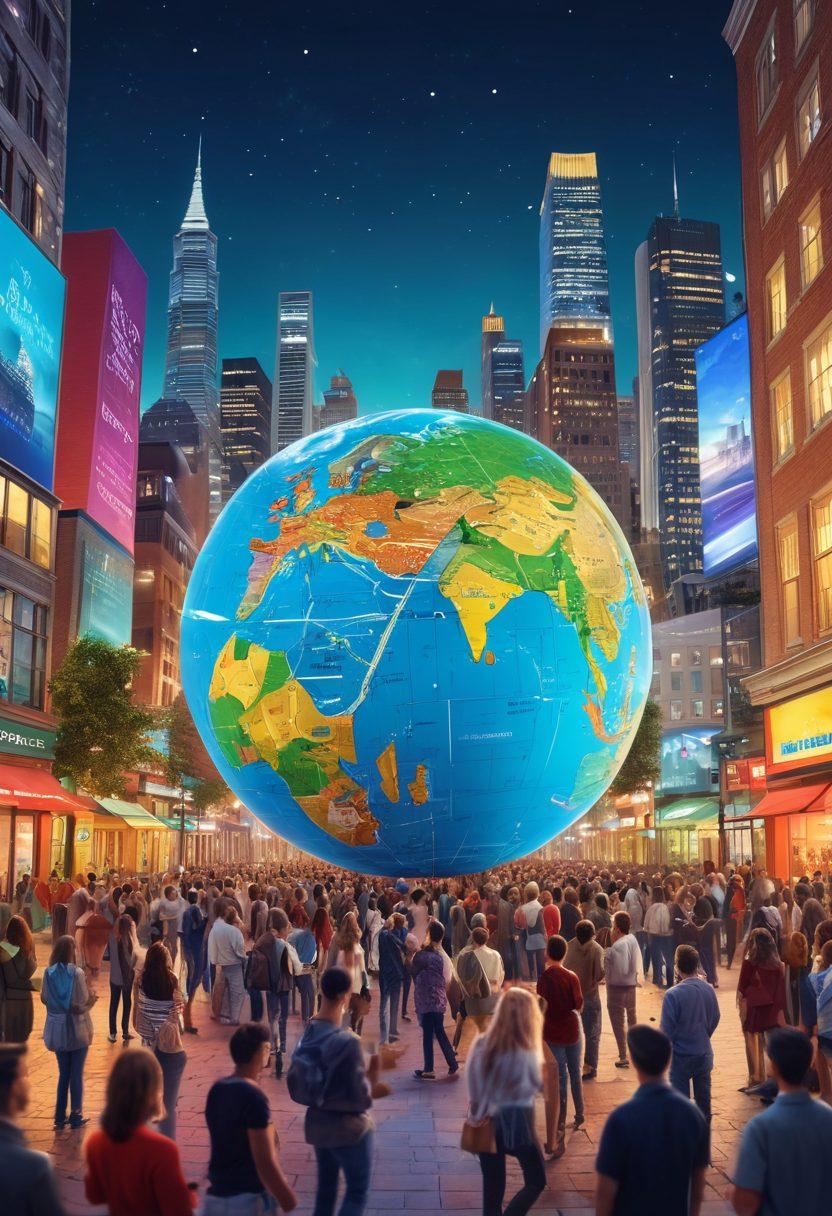 A vibrant globe surrounded by interconnected bloggers sharing their insights, vibrant cityscapes in the background, diverse individuals engaging in discussions, with digital trends and data visuals emanating from the globe. The atmosphere is dynamic and inspiring, showcasing the fusion of personal insights with global perspectives. super-realistic. vibrant colors. 3D.