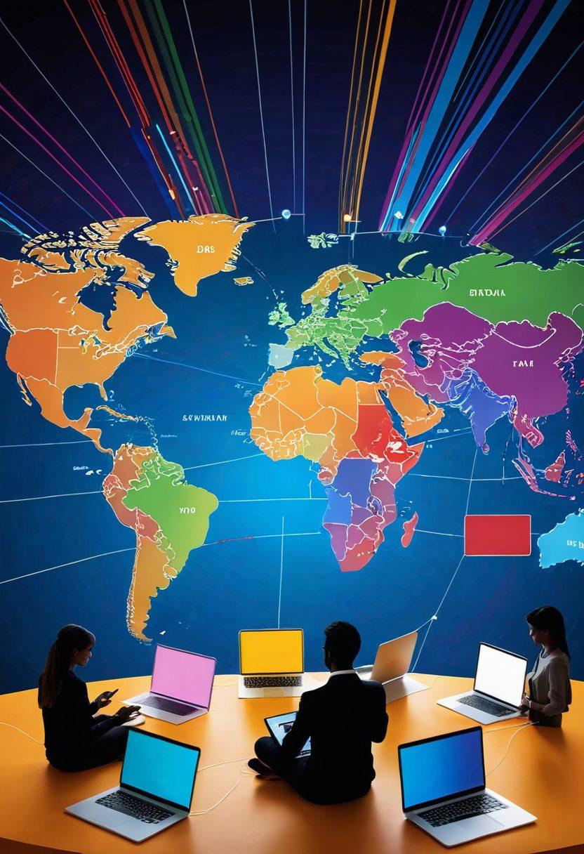 A vibrant, interconnected world map with colorful blog icons emerging from various countries, symbolizing diverse voices and perspectives. Include figures of people from different cultures engaging with laptops and tablets, illustrating global connectivity. The background features a dynamic network of digital lines and nodes, emphasizing the online nature of sharing ideas. super-realistic. vibrant colors. 3D.